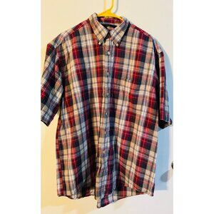 Nautica Mens Large Red & Blue Plaid Short Sleeve Button-Up Shirt
